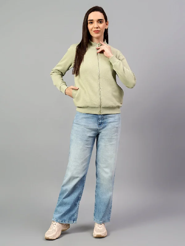 Women's Green Solid Mock Collar Sweatshirt Hoodie with Hem Applique Textured Unique