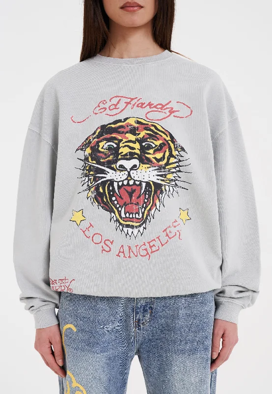 Womens Tiger-Vintage-Roar Crew Neck Sweatshirt - Grey Hoodie with Distressed Vintage Worn Womens Tiger-Vintage-Roar Crew Neck Sweatshirt - Grey Hoodie with Distressed Vintage Worn