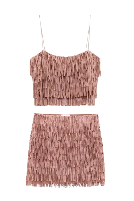 'Yara' Fringe Layered Top & Mini Skirt wool skirt warm