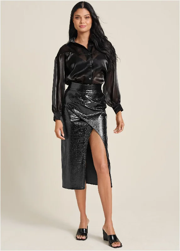 Faux-Croc Wrap Skirt  - Black linen skirt relaxed