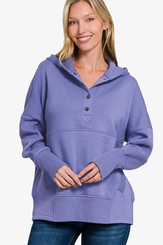 Zenana Half Snap Long Sleeve Hoodie with Kangaroo Pocket Hoodie with Logo Branding Identity Zenana Half Snap Long Sleeve Hoodie with Kangaroo Pocket Hoodie with Logo Branding Identity