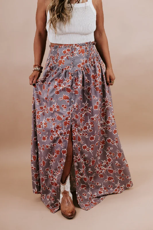 Floral Smock Waist Button Front Maxi Skirt