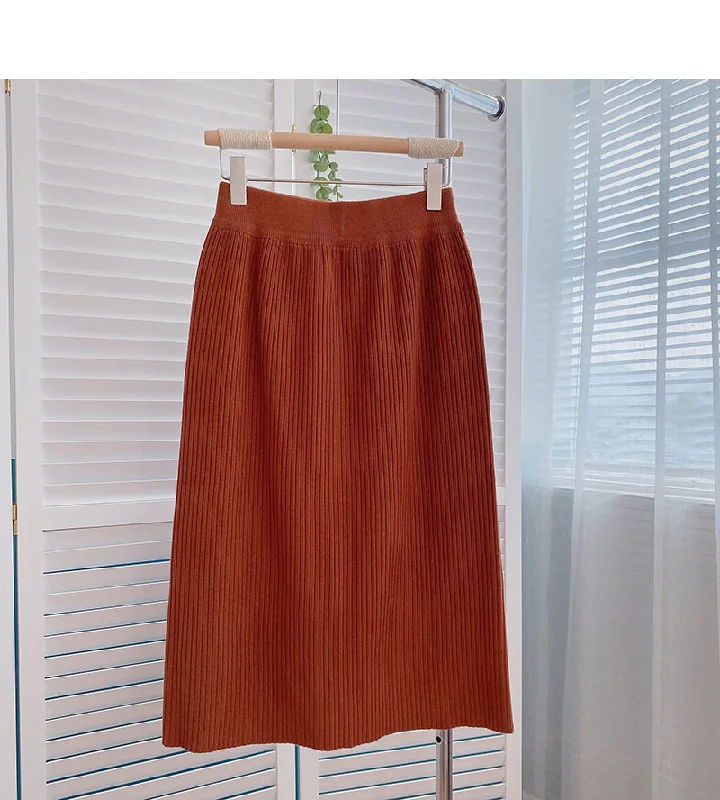 Korean casual solid color simple high waist split A-line skirt  5801