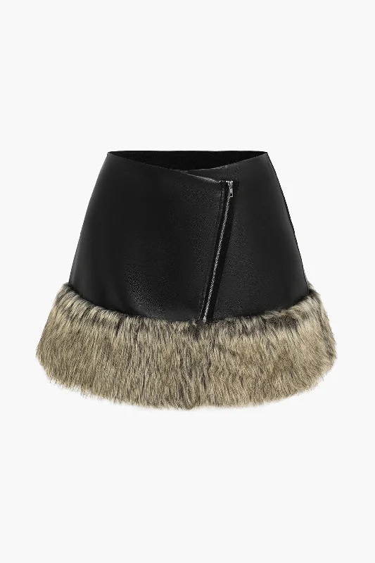 Faux Leather Patchwork Fur Skirt