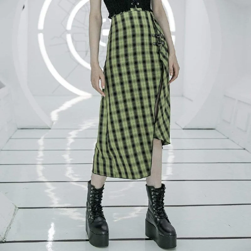 Women's Grunge High-waisted Green Plaid Side Slit Irrgular Skirts