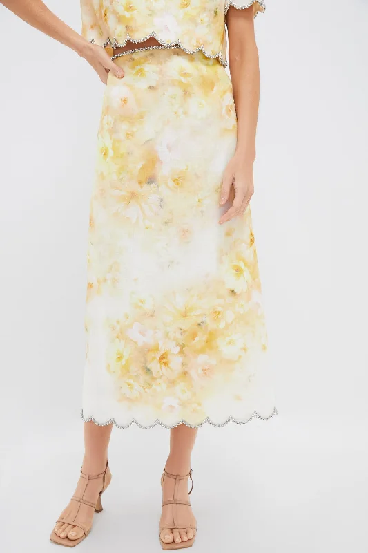 Yellow Floral Crush Scalloped Midi Skirt