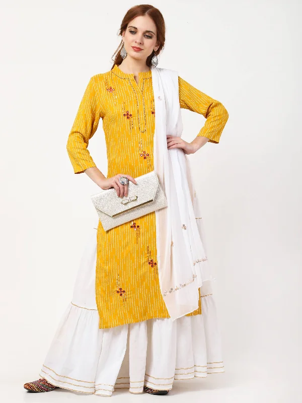 Women's Mustard Yellow & White Rayon Cotton Kurta Skirt & Dupatta Set - Cheera