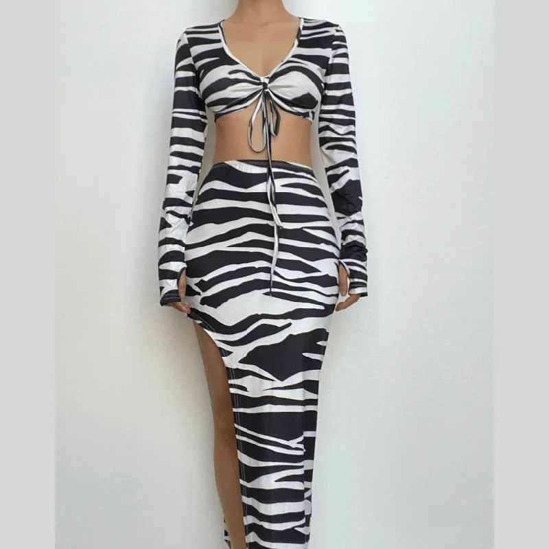 Zebra print self tie contrast long sleeve irregular slit maxi skirt set